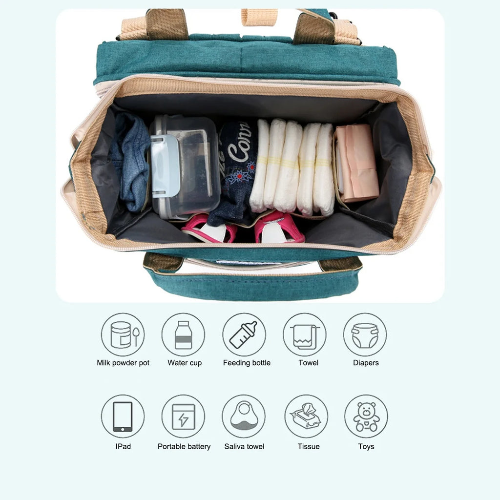 Diaper Bag Backpack, Multifunction Baby Bag with Changing Station, Foldable Crib, Insulation Milk Bottle Pocket, Waterproof Large Capacity Travel Bag with USB Charging Port, Gift for Mom Dad