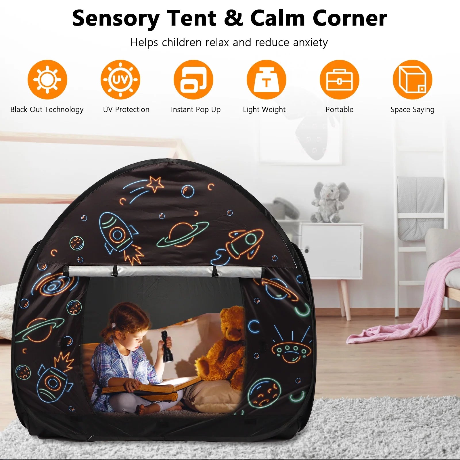 Pop-Up Sensory Tent for Kids, 47X47In Calm down Corner Tent for Autism, Anxiety, ADHD, SPD, Black Out Sensory Room Play Tents with Door & Window
